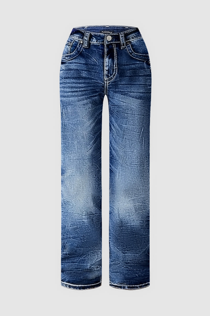 Wash Mid Waist Straight Leg Jeans