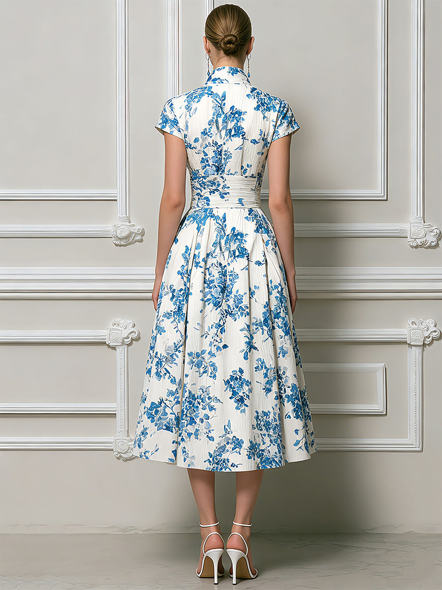Vintage-Inspired Azure Floral Pleated Midi Dress