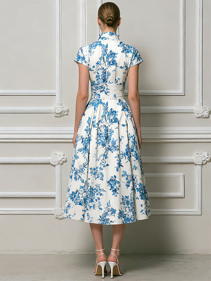Vintage-Inspired Azure Floral Pleated Midi Dress