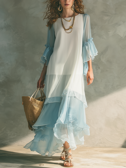 Robe longue étagée en mousseline de soie bleu clair, fraîche et rafraîchissante