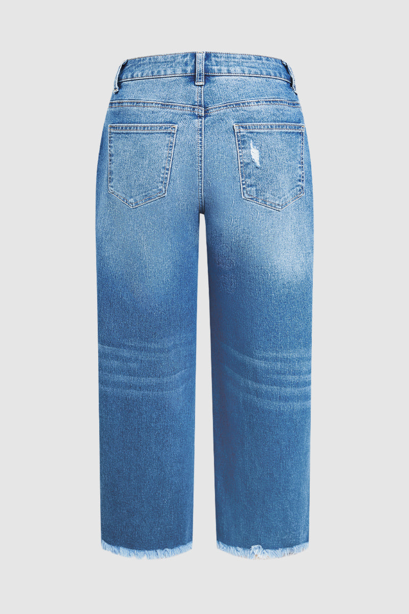 Wash Raw Hem Ripped Mid Waist Straight Leg Crop Jeans Without Belt