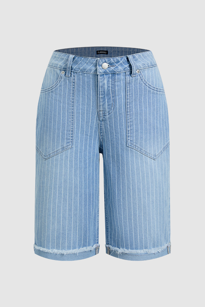Striped Raw Hem Patch Pocket High Rise Denim Bermuda Shorts Without Belt