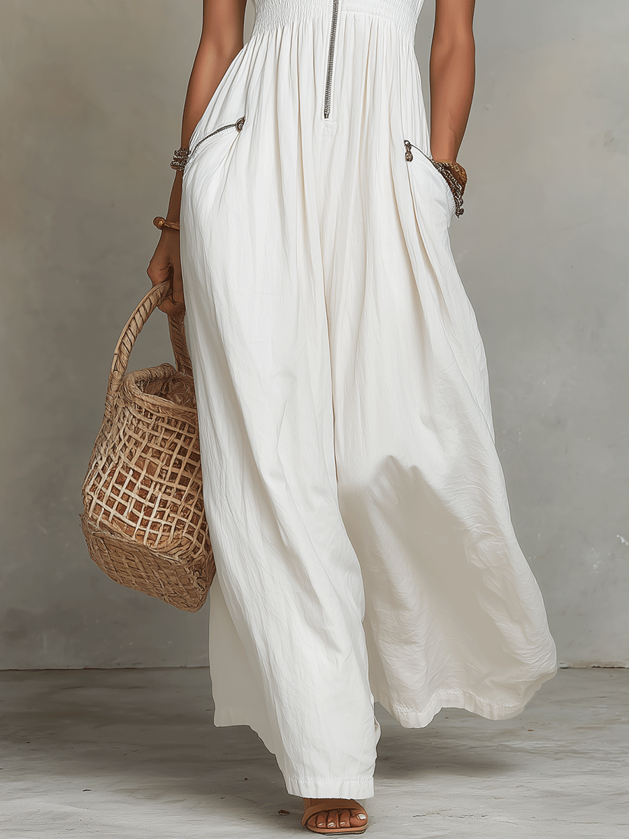 Robe longue bohème blanche zippée sur le devant