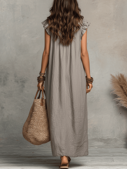 Robe longue bohème sans manches à volants et col en V fluide