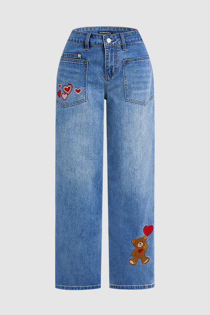 Valentine's Day Pattern Embroidered Patch Pocket Mid Rise Straight Leg Jeans Without Belt