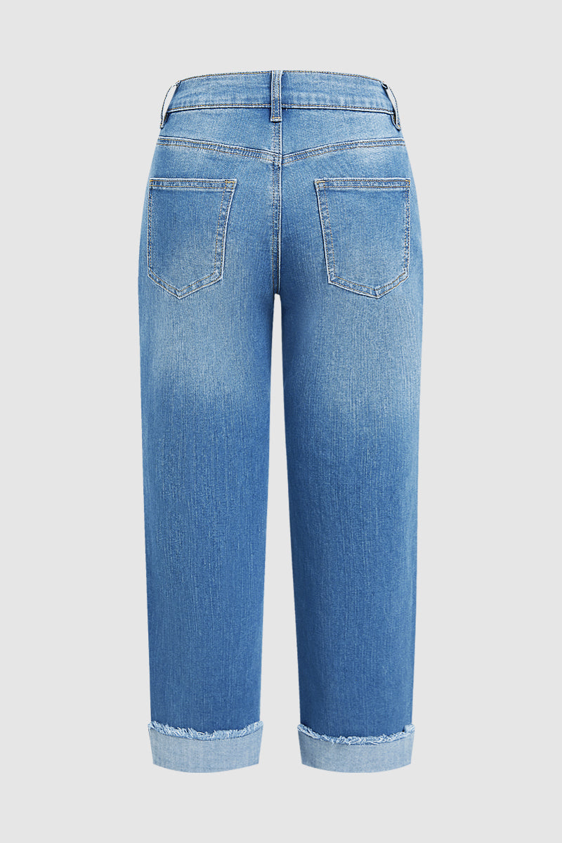 Wash Ripped Roll Hem Mid Rise Straight Leg Crop Jeans