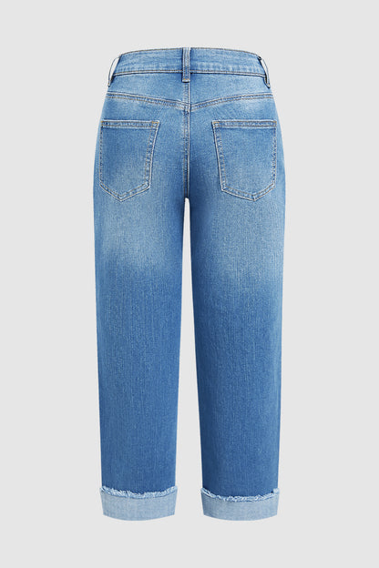Wash Ripped Roll Hem Mid Rise Straight Leg Crop Jeans