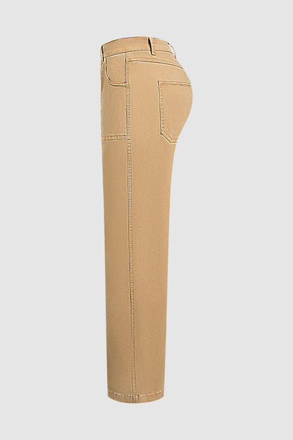 Solid Stitch Detail Mid Waist Bootcut Pants Without Belt