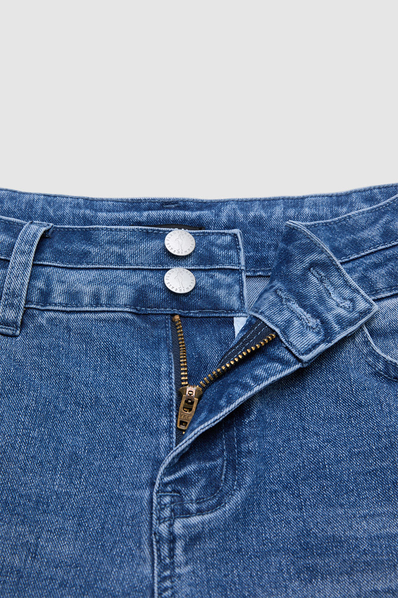 Wash Split Raw Hem Flap Pocket Mid Rise Denim Shorts