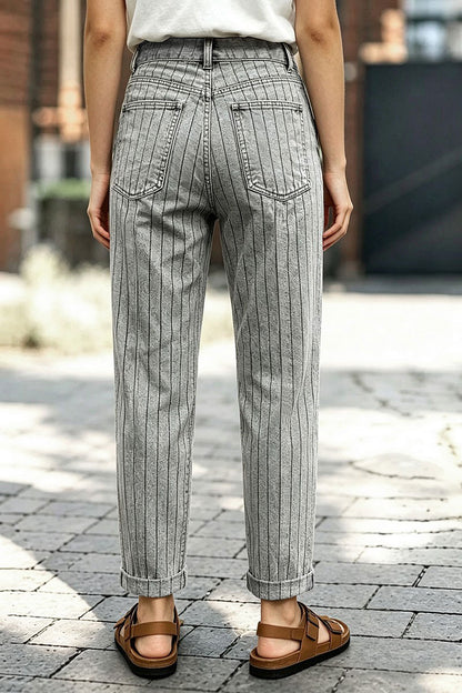 Striped Flap Decor Roll Hem High Waist Cropped Tapered Pants