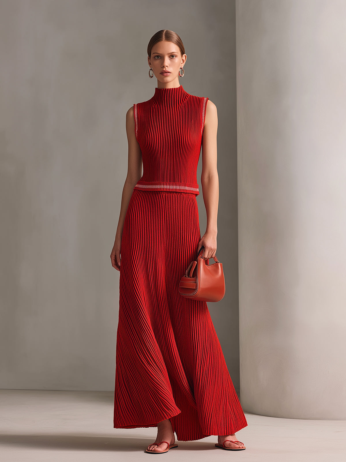 Chic Elegant Red Mock Neck Sleeveless Sweater And High Waist A-Line Maxi Skirt Ribbed Knit Two-Piece Set