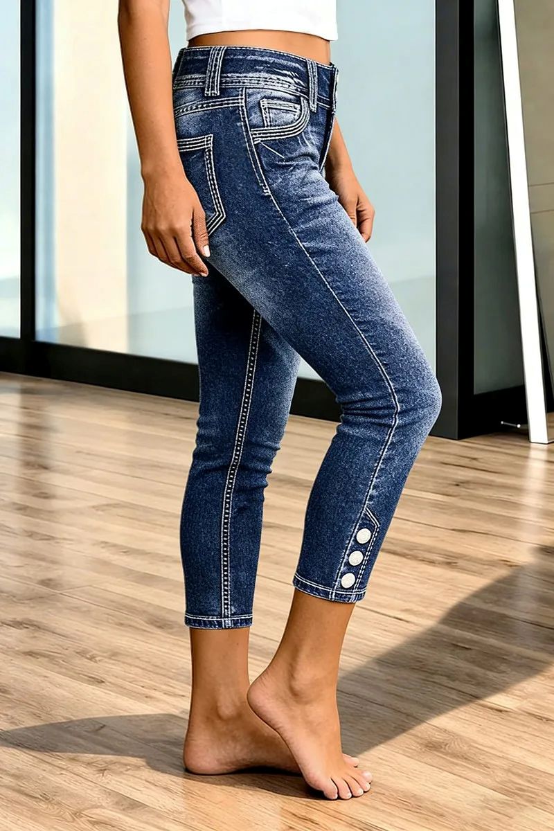 Wash Button Side Mid Waist Skinny Crop Jeans