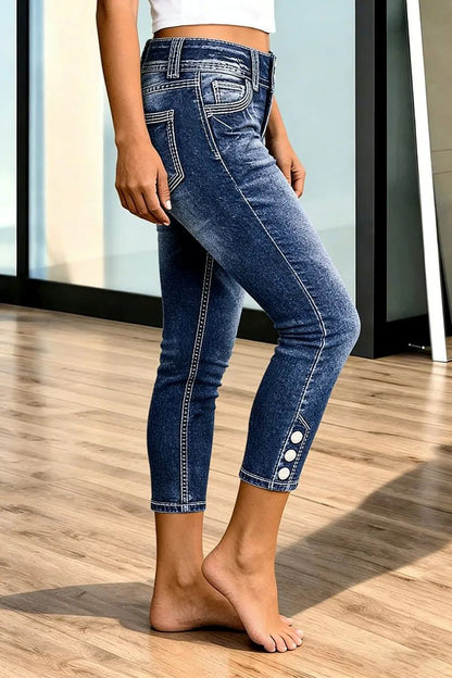 Wash Button Side Mid Waist Skinny Crop Jeans