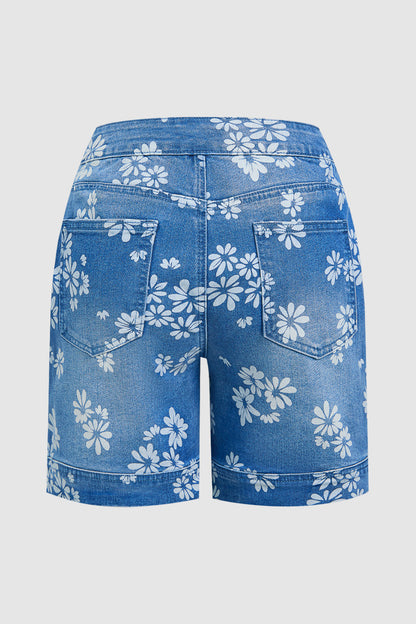 Floral Print Patch Pocket Drawstring Mid Rise Mid Thigh Denim Shorts