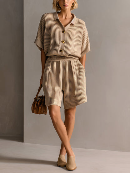 Chic Elegant Camel Lapel Single-Breasted Short-Sleeve Loose-Fit Cardigan Top Oversize Shorts Ribbed Knit Two-Piece Set