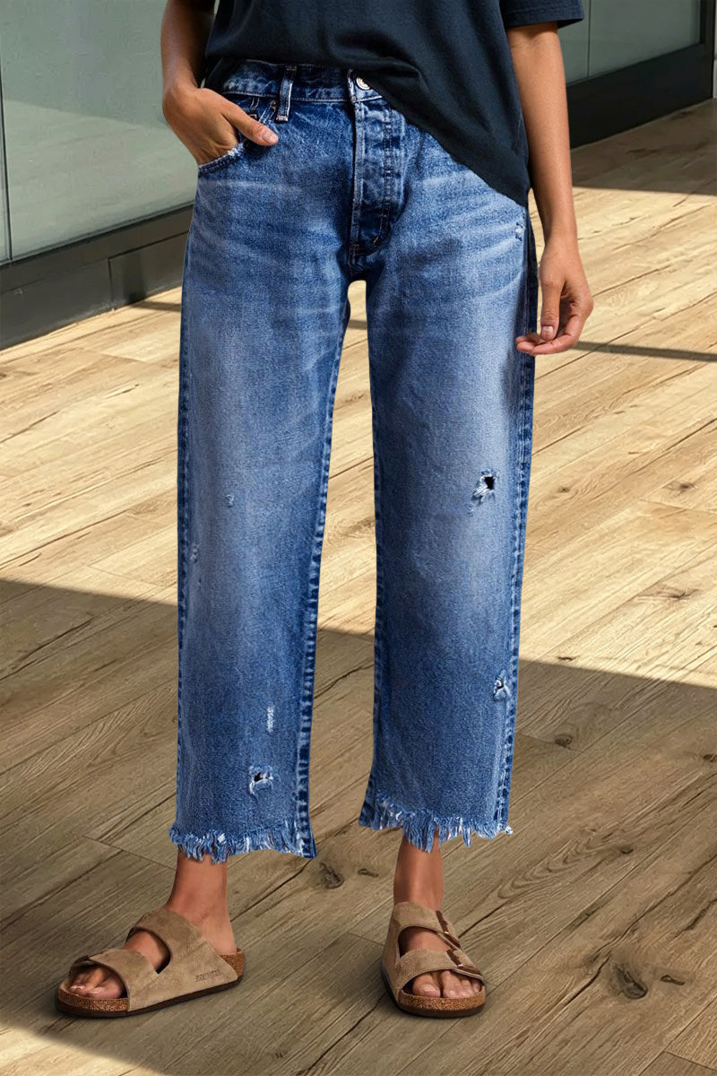 Wash Raw Hem Ripped Mid Rise Crop Straight Leg Jeans