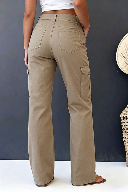 Solid Flap Pocket Mid Rise Straight Leg Pants