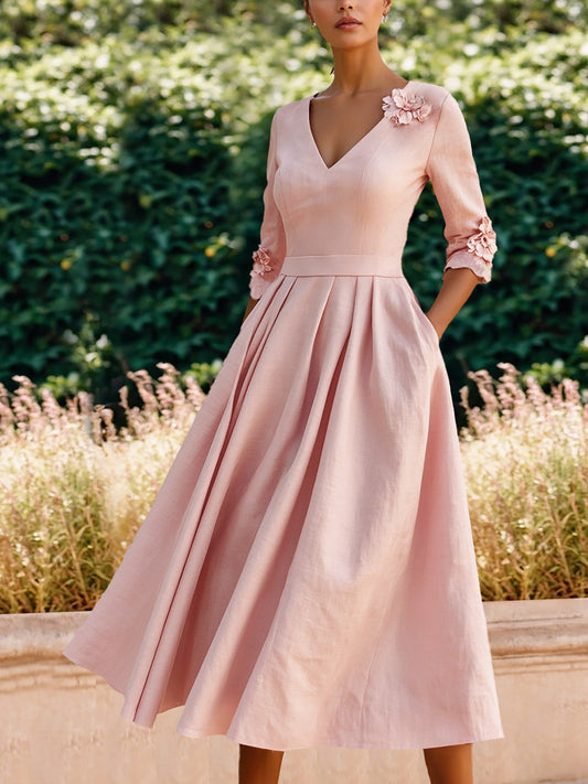 Robe midi en lin, manches trois-quarts, col en V, unie, vintage, rose