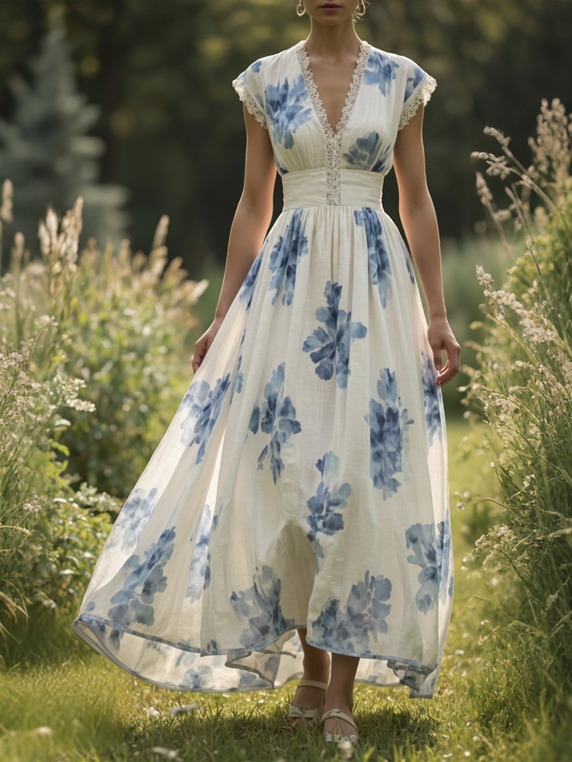 (TAILLES:XS-XXL)Robe longue en lin, sans manches, col en V, motifs floraux, style vintage, blanche