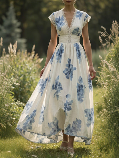 (TAILLES:XS-XXL)Robe longue en lin, sans manches, col en V, motifs floraux, style vintage, blanche