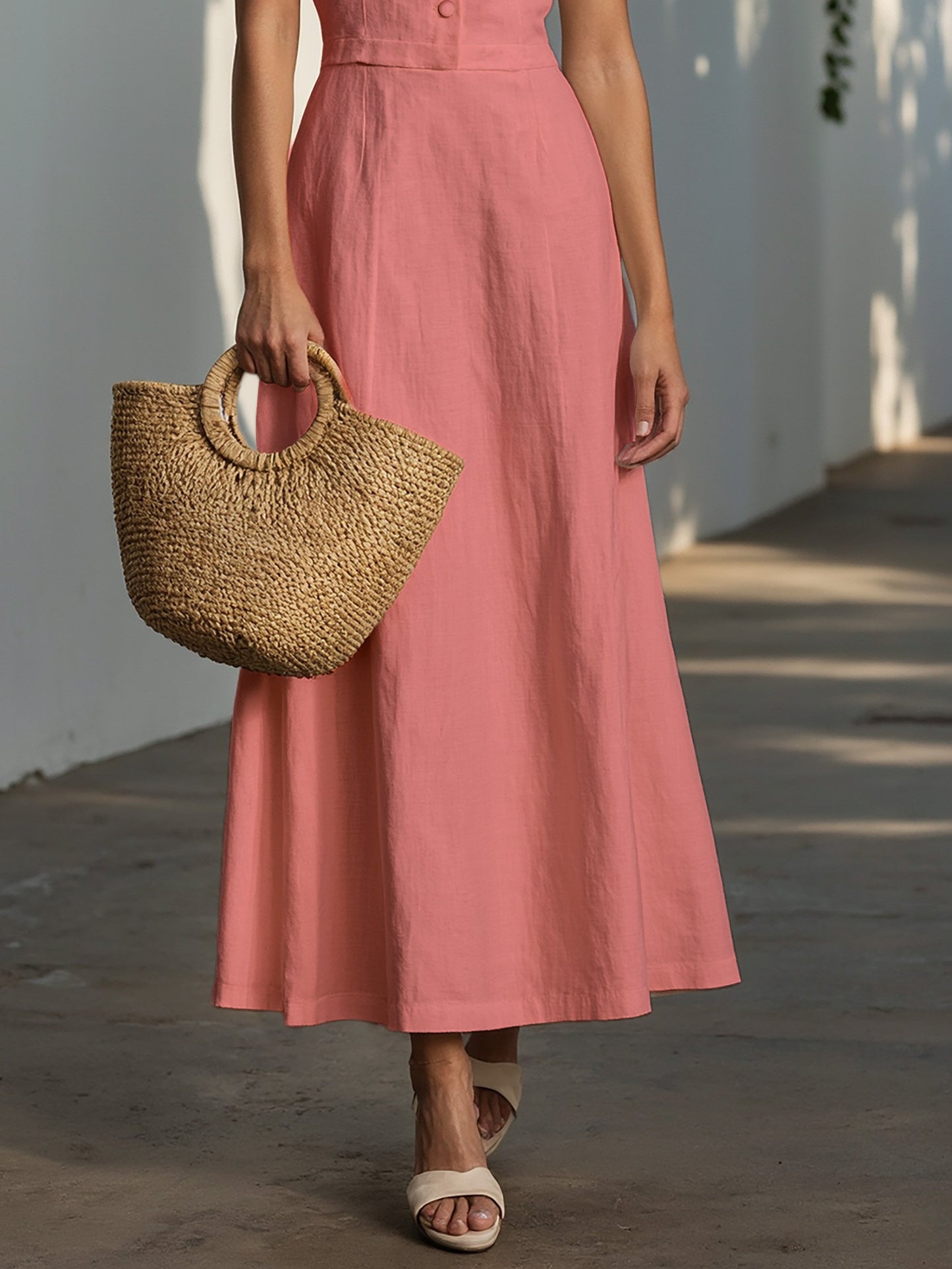 Robe longue en mélange lin-coton, manches courtes, col châle, unie, boutonnée, vintage, rose