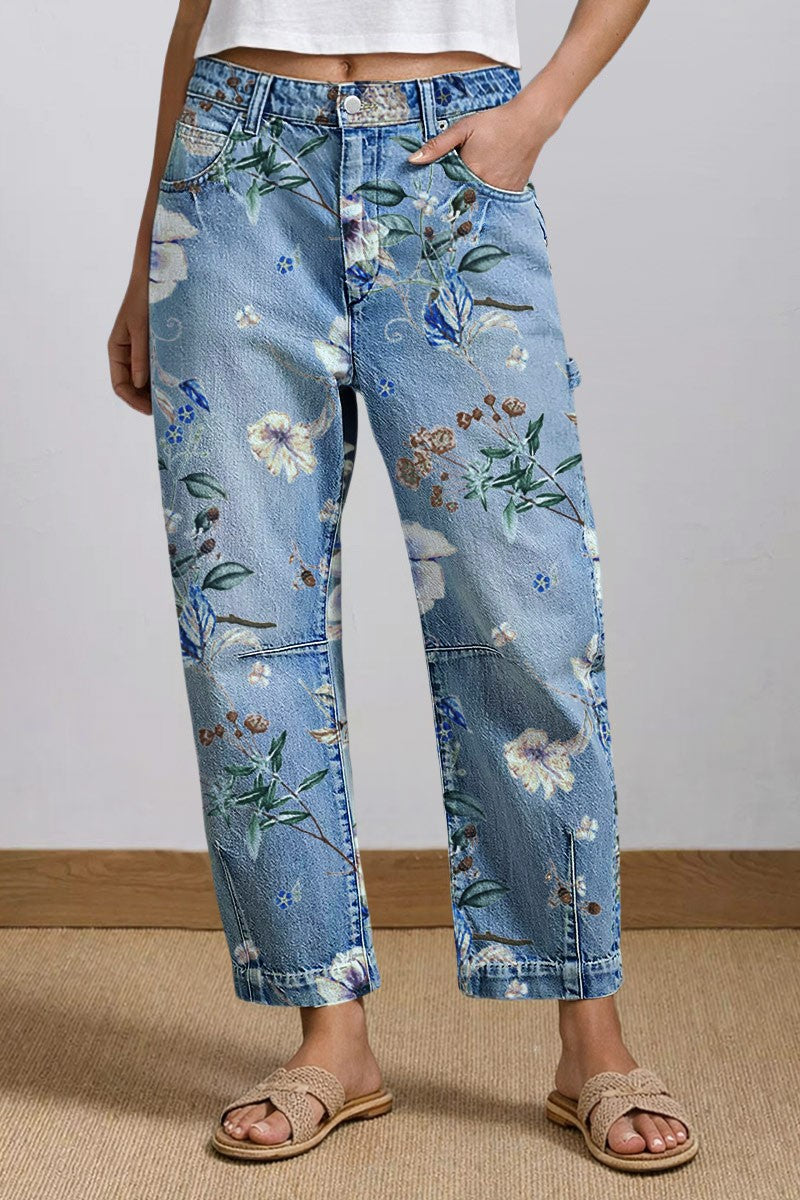 Wash Floral Print Flap Pocket Mid Rise Barrel Leg Crop Jeans
