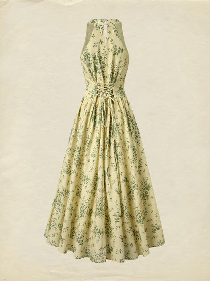 Robe longue en coton, sans manches, col en V, à fleurs, fleurs en 3D (détachables), vacances, vintage, jaune