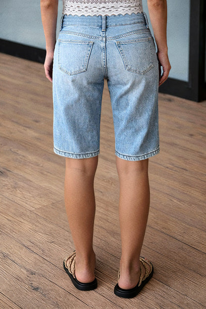 Wash Floral Embroidery High Waist Denim Bermuda Shorts