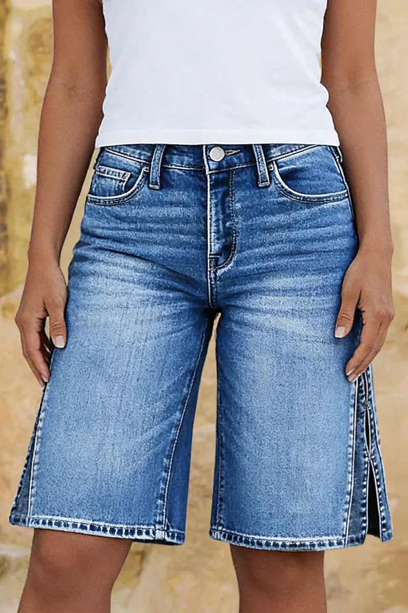 Wash Split Hollow Out Mid Waist Denim Bermuda Shorts