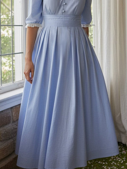 Robe midi en coton, demi-manches, col en V, unie, dentelle, vintage, bleue