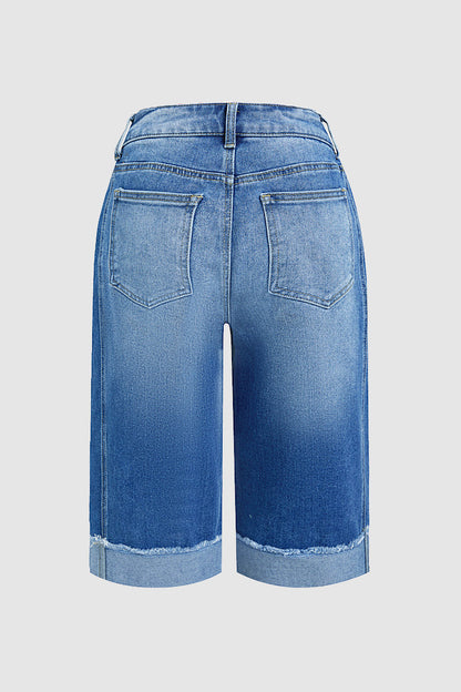 Seam Front Raw Hem High Rise Denim Bermuda Shorts Without Belt