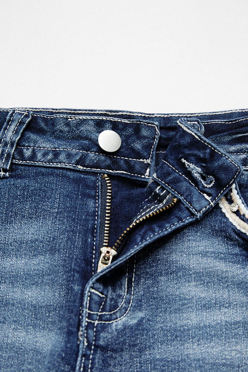 Bull & Floral Embroidered Raw Hem Mid Rise Denim Shorts