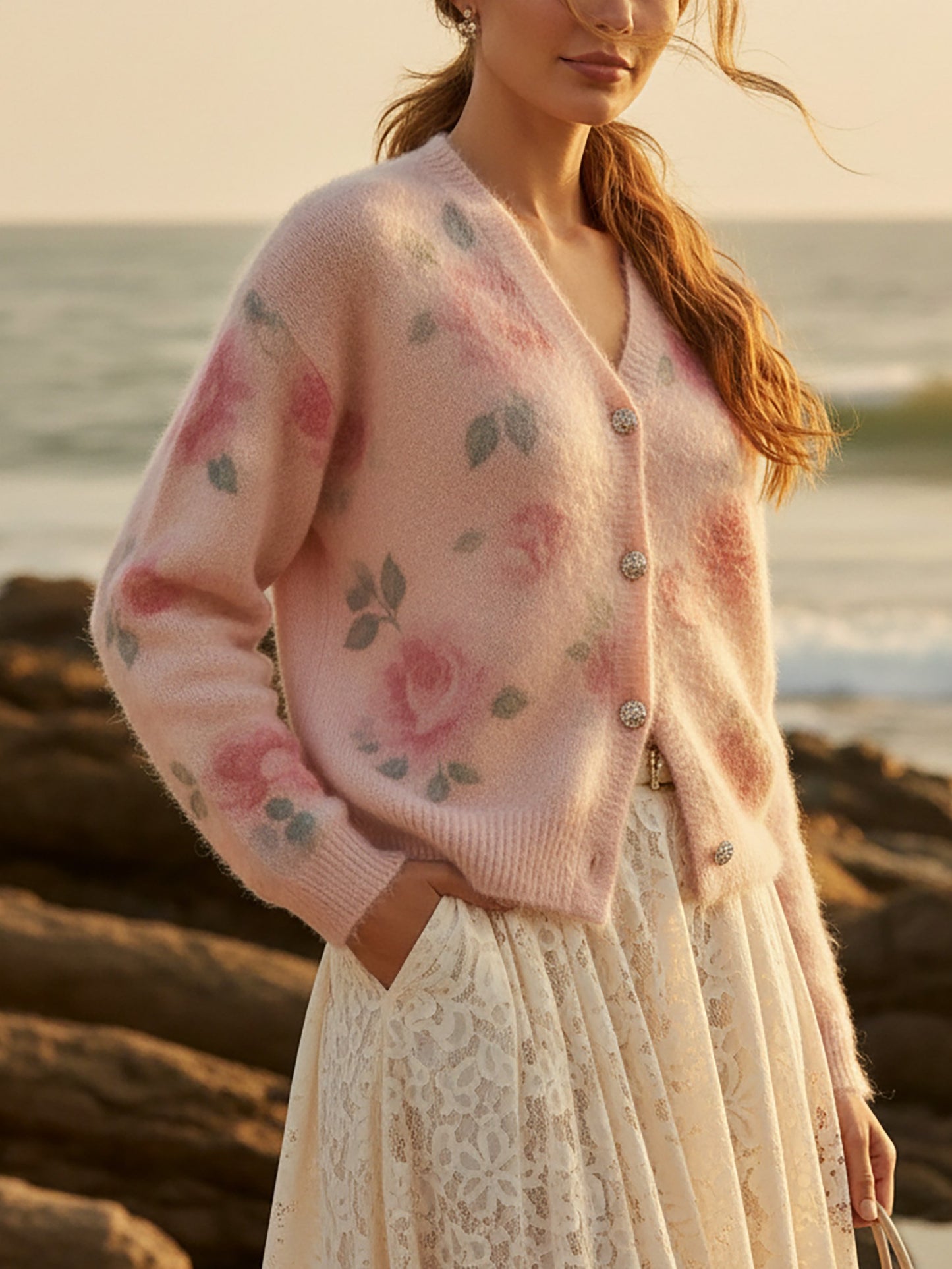 Cardigan en Cachemire, Manches Longues, Col V, Motif Floral, Boutons Décoratifs, Style Vintage, Rose