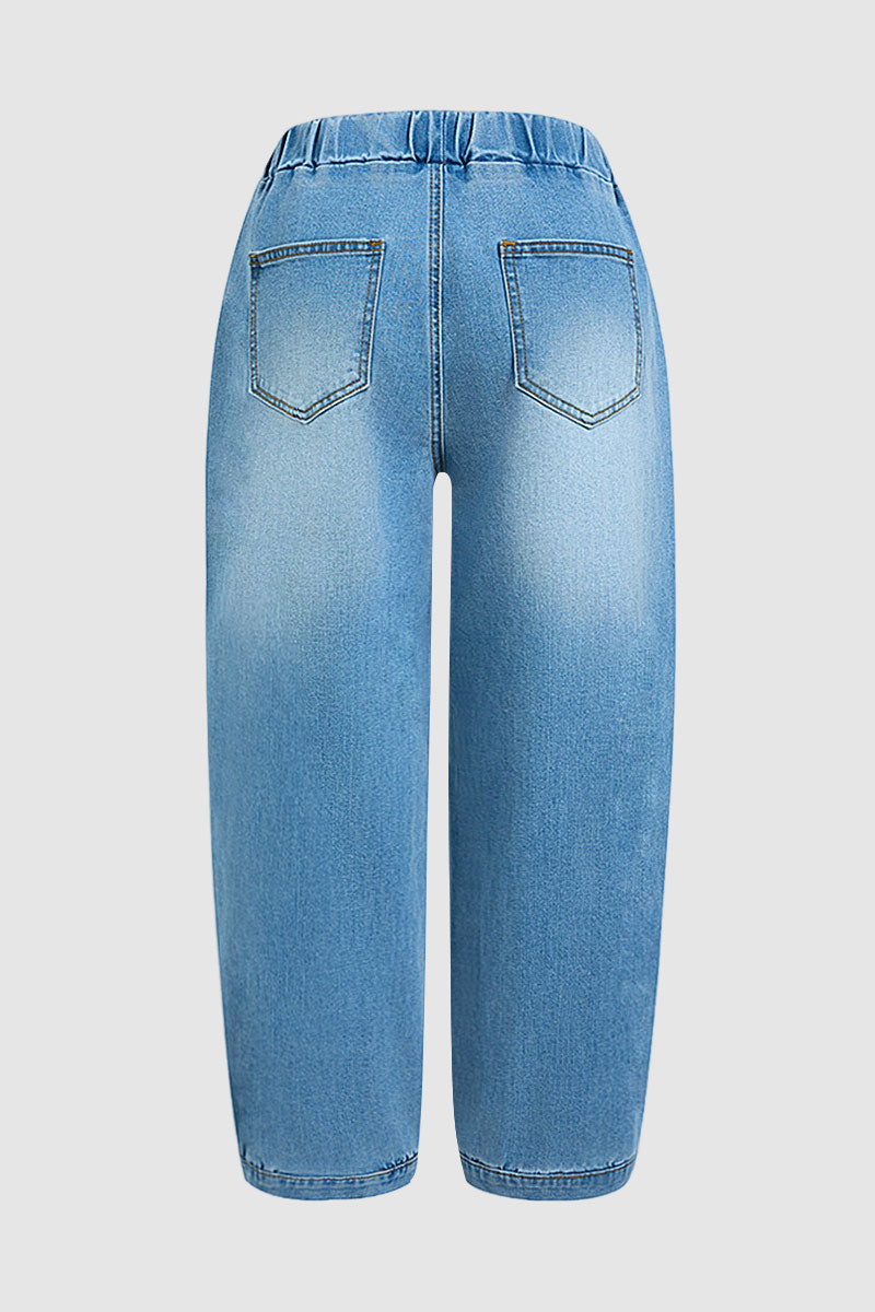 Wash Seam Elastic Mid Rise Wide Leg Crop Barrel Jeans