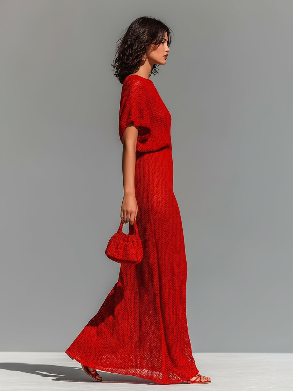 Chic Elegant Red Boat Neck Short-Sleeve Loose-Fit Breathable Knit Maxi Dress