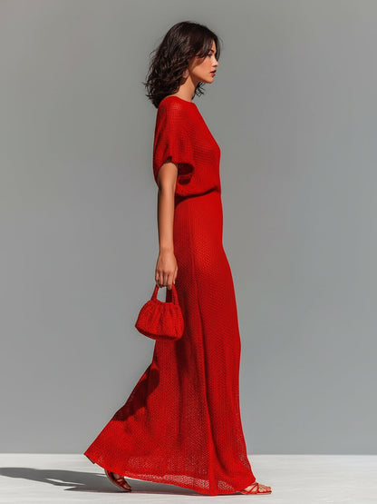 Chic Elegant Red Boat Neck Short-Sleeve Loose-Fit Breathable Knit Maxi Dress