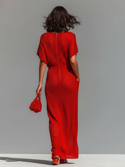 Chic Elegant Red Boat Neck Short-Sleeve Loose-Fit Breathable Knit Maxi Dress