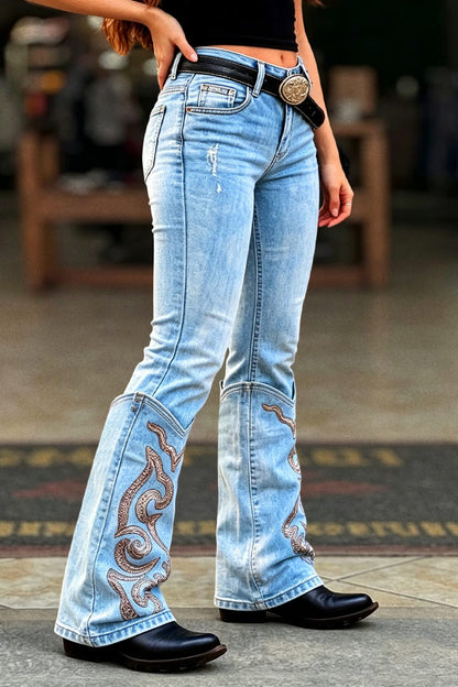 Wash Embroidery Faux Boot Cuff Mid Waist Bootcut Jeans Without Belt