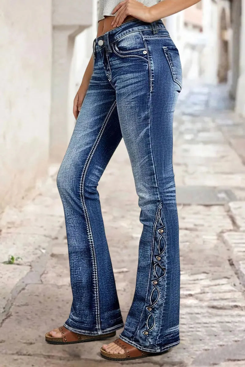 Wash Studded Side Mid Waist Bootcut Jeans Without Belt