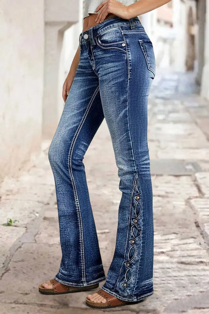 Wash Studded Side Mid Waist Bootcut Jeans Without Belt