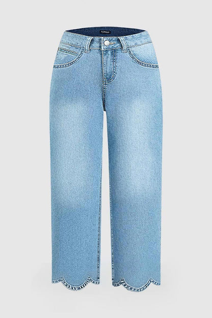 Wash Scallop Hem Mid Waist Straight Leg Crop Jeans