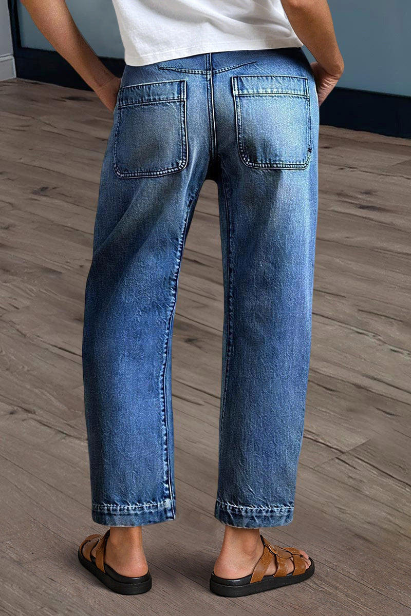 Wash Stitch Detail Mid Rise Barrel Leg Crop Jeans Without Belt