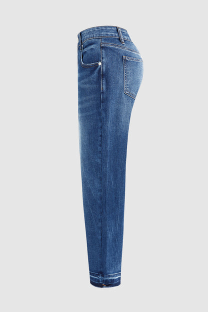 Wash Raw Hem Mid Rise Straight Leg Crop Jeans