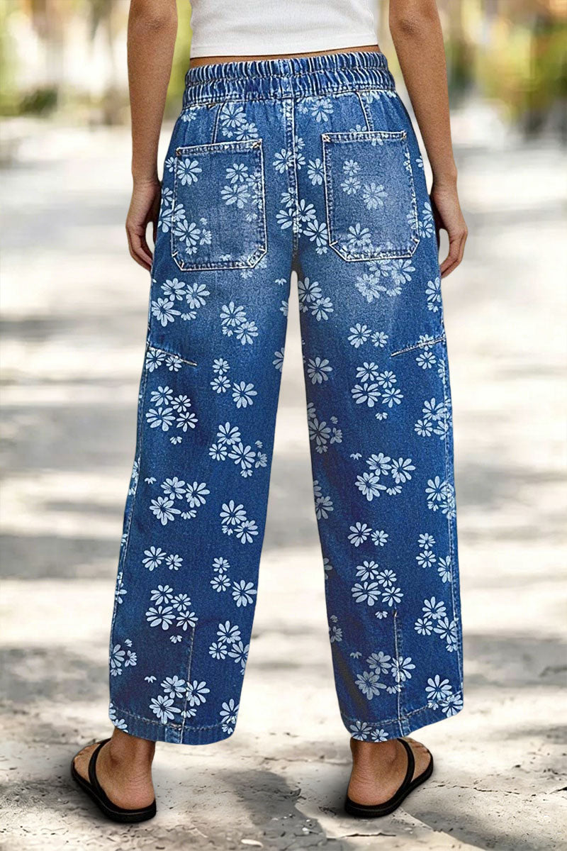 Floral Print Patch Pocket Drawstring Elastic Mid Rise Barrel Leg Crop Jeans