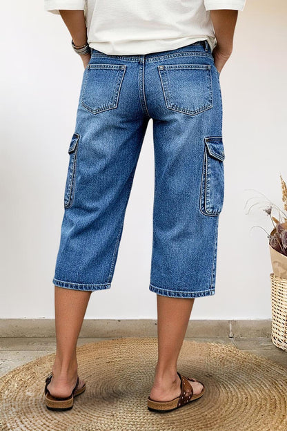 Wash Flap Pocket Drawstring Mid Rise Straight Leg Capri Jeans