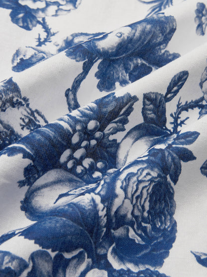 Robe midi en lin, manches courtes, col châle, florale, vacances, vintage, bleue