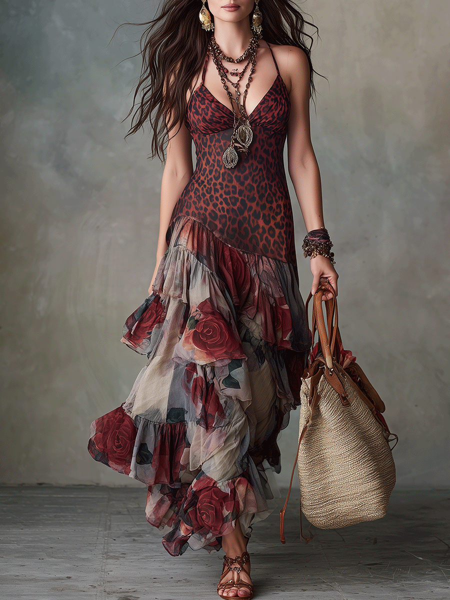 Robe longue bohème étagée Wild Romance Leopard & Rose