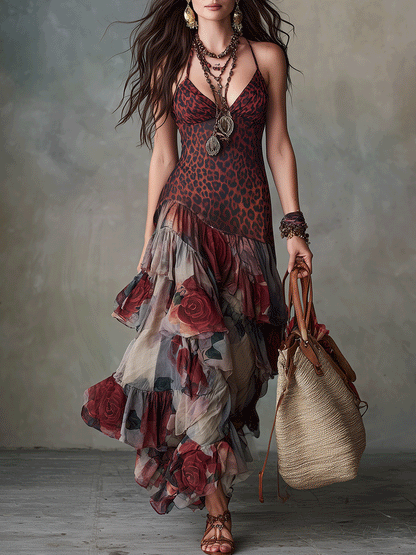 Robe longue bohème étagée Wild Romance Leopard & Rose