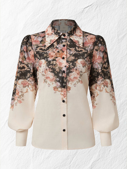 Chemise en coton, Manches longues, Col châle, Florale, Boutons, Vacances, Vintage, Abricot