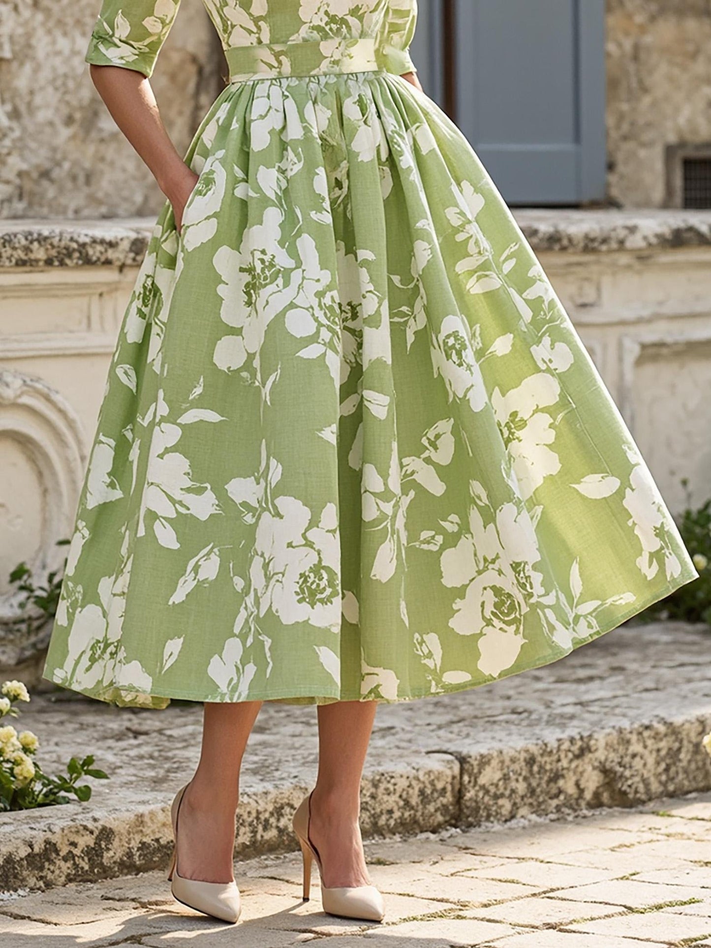 Robe midi en lin, manches courtes, col en V, motif floral, poches, vintage, vert